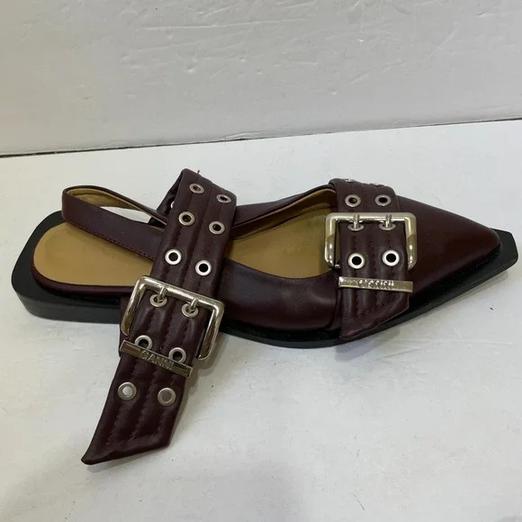 GANNI FEMININE STUDDED BUCKLE BALLERINA FLATS IN BURGUNDY VEGAN LEATHER - Picture 9 of 10